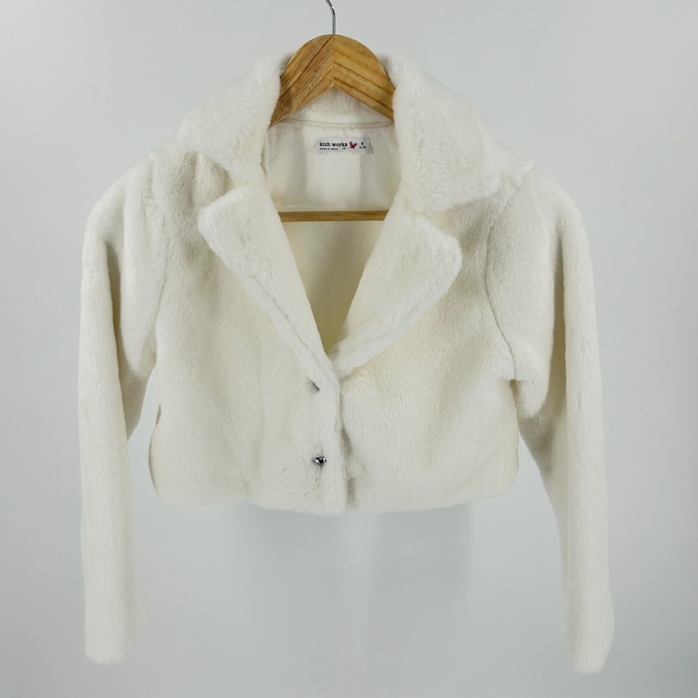 Knit Works Girls Ivory Faux Fur Cropped Bolero Jacket Shrug Rhinestone S 7/8